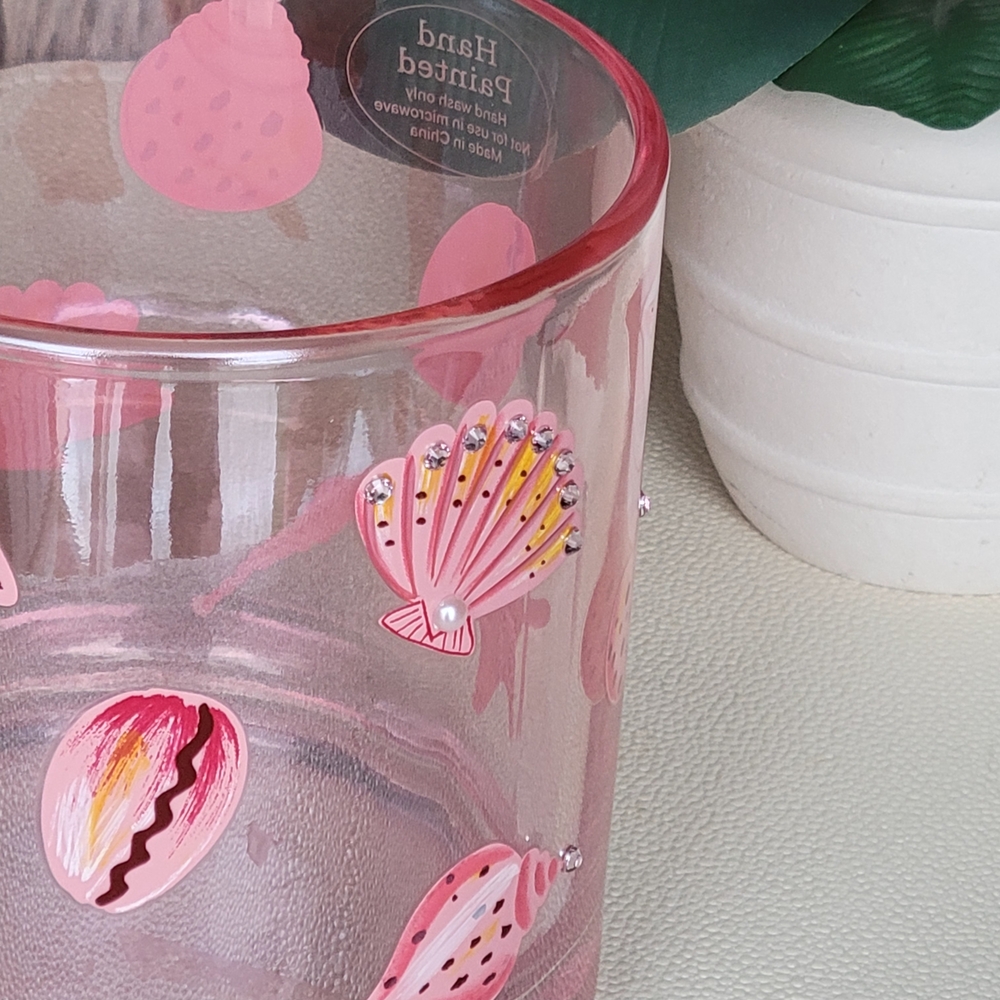 Seashells & Rhinestones Handpainted Pink Transparent Glass Mug - Picture 4 of 11